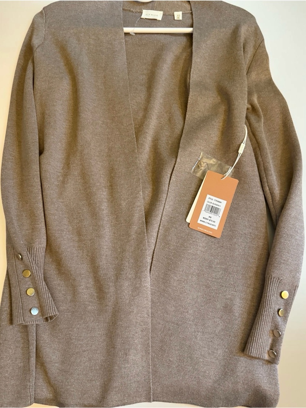 Cyrus Taupe Open-Front Cardigan with Gold Button Cuffs